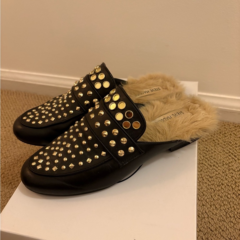 Steve Madden Black Gold Studded Fur Mules